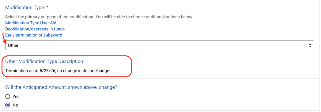 Screenshot from the Kuali Build Subaward Request showing the fields described in the web page.